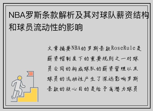 NBA罗斯条款解析及其对球队薪资结构和球员流动性的影响